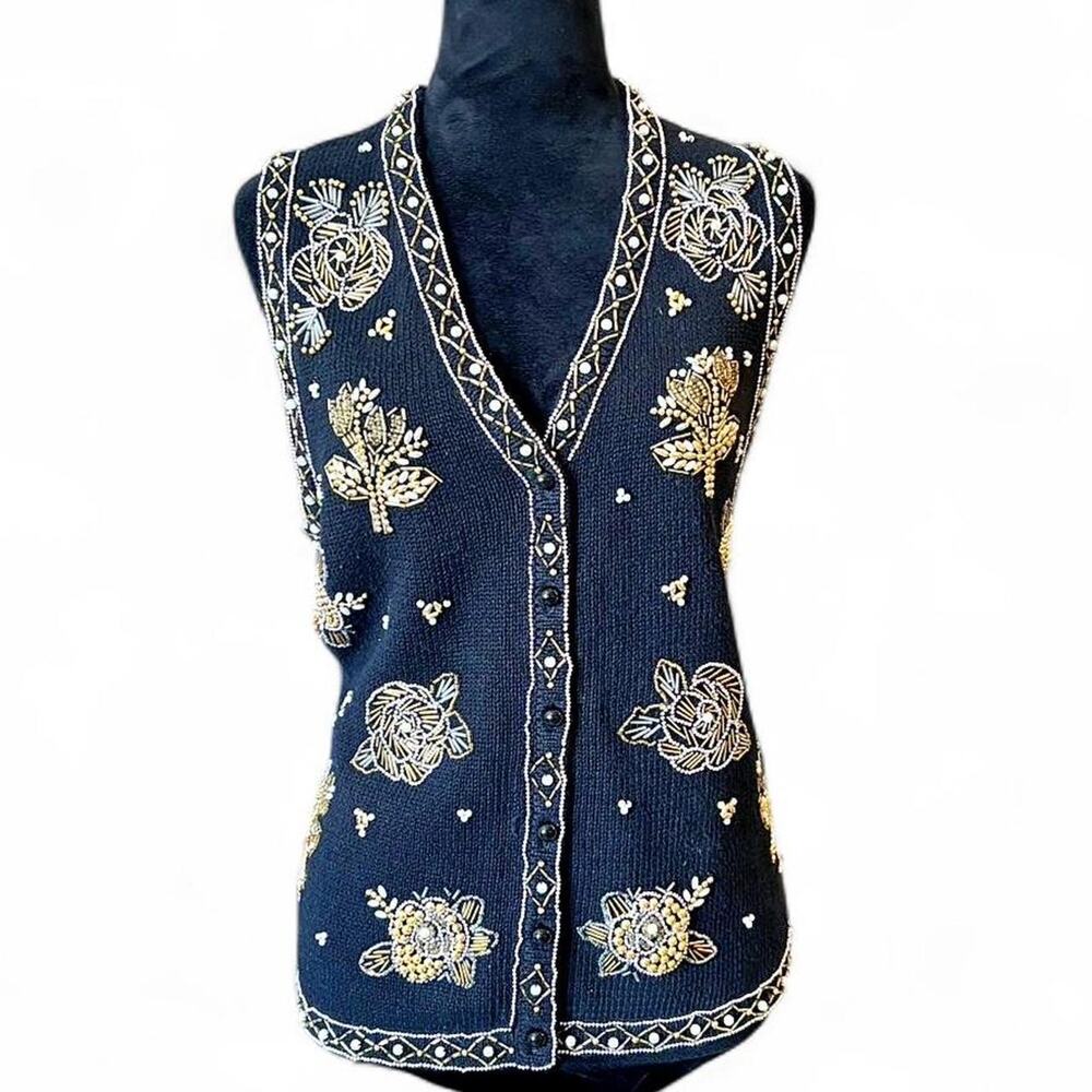 Vintage Black Beaded Knit Vest – Grandma Core Floral Sweater XXL